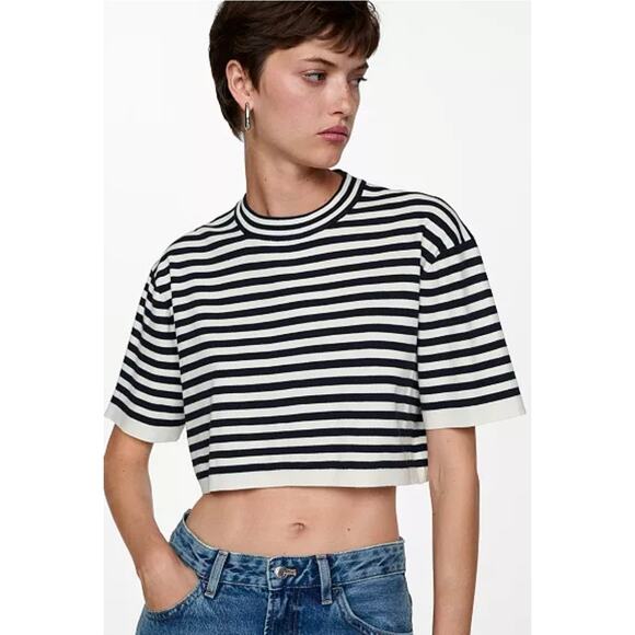 DKNY Jeans Breton stripe women's crop top black/white Size Large Fisherman - Picture 1 of 7